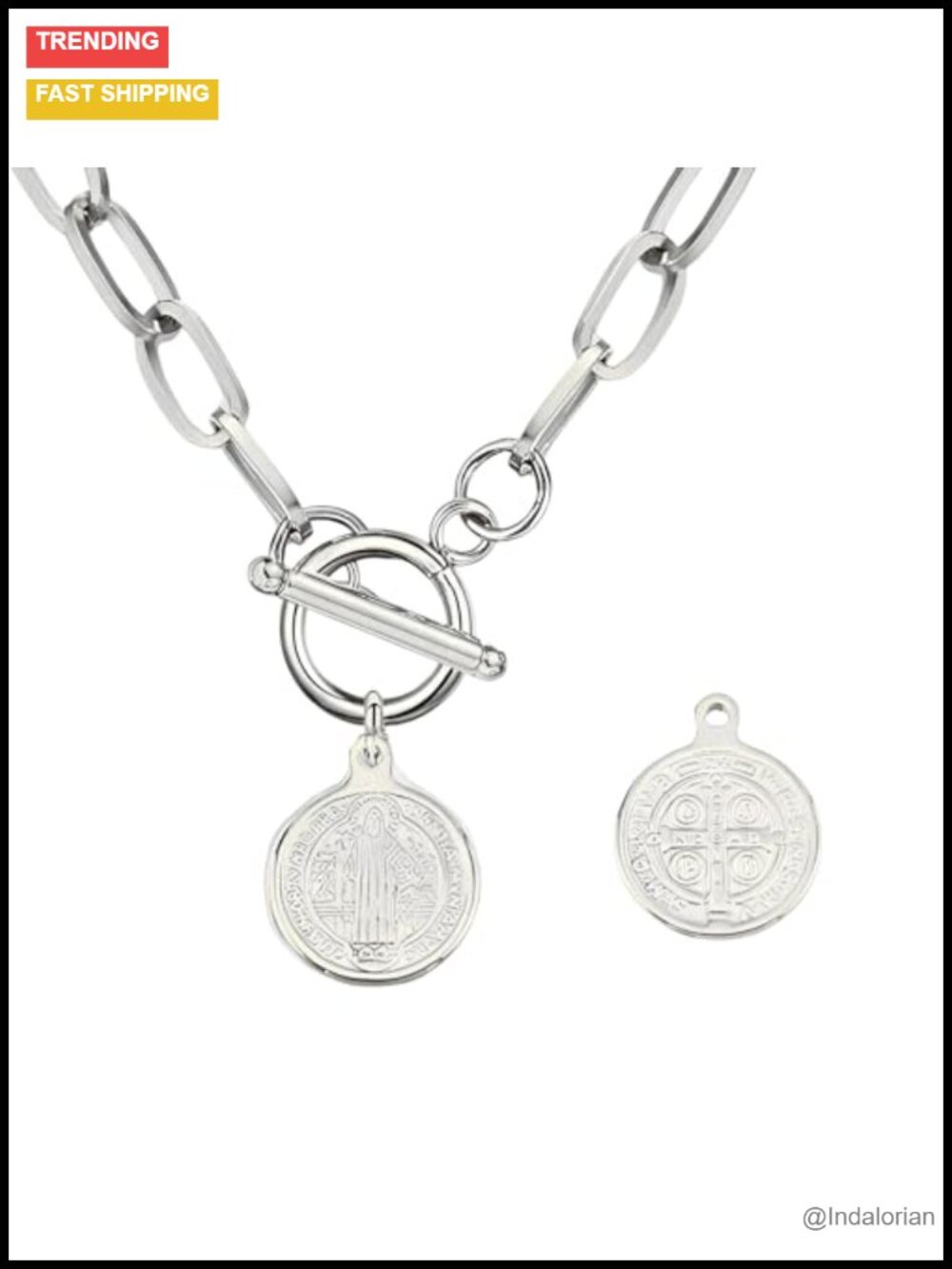 925 Sterling Silver Toggle Necklace Saint Benedict Coin Charm 18in